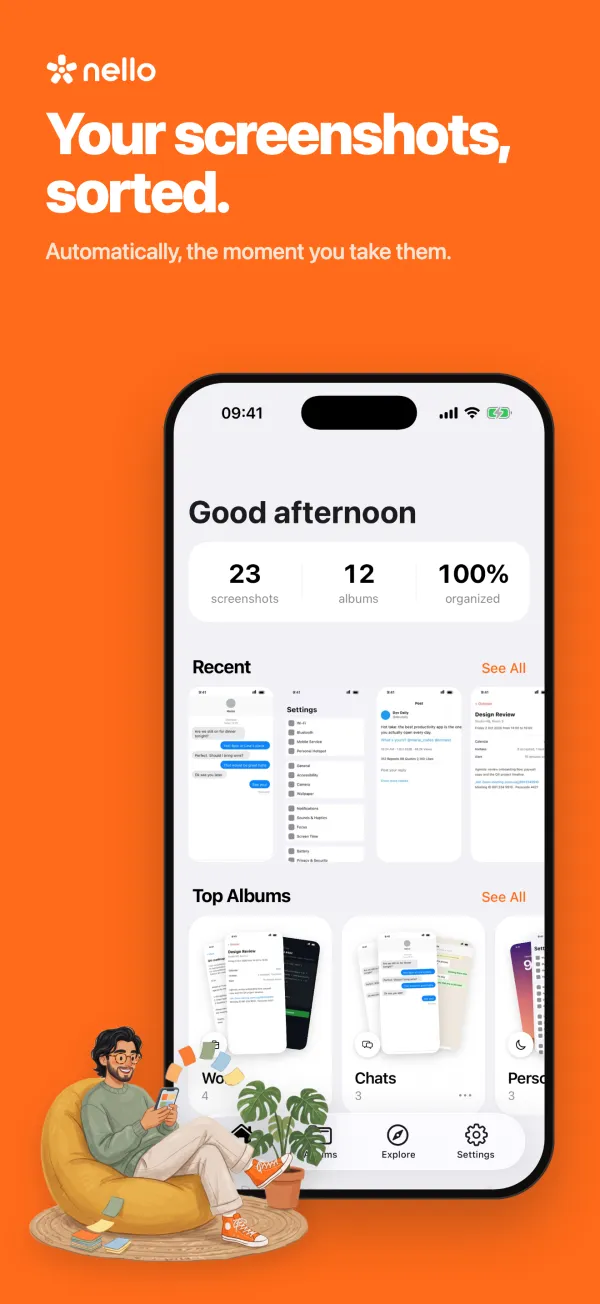 Nello home screen: 23 screenshots in 12 albums, 100% organized