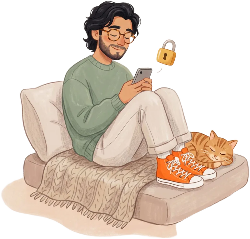 Illustration of a person relaxing on a cushion with their phone, a sleeping cat at their feet and a padlock beside them